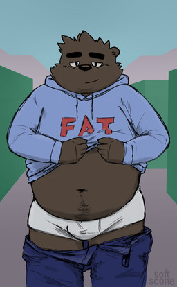 abstract_background anthro bear bedroom_eyes belly biped black_eyes black_nose body_hair brown_fur bulge cheek_tuft clothed clothing clothing_lift deep_navel english_text eyebrows fur half-closed_eyes happy_trail head_tuft hi_res hoodie kemono looking_at_viewer male mammal navel overweight overweight_male pants_down partially_clothed public seductive smile softscone solo standing text thick_eyebrows tuft underwear watermarkRating: QuestionableScore: 6User: softsconeDate: September 01, 2018