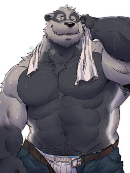 abs anthro biceps black_body black_fur black_nose black_pubes bodily_fluids body_hair breath chest_tuft clothed clothing exclamation_point featureless_chest fur grey_body grey_fur happy_trail male muscular muscular_anthro muscular_male navel one_eye_closed pecs pubes round_ears simple_background solo sweat text text_on_clothing text_on_underwear topless topless_anthro topless_male tuft underwear white_background white_body white_fur white_sclera yellow_eyes bearwivme echo_(series) echo_project the_smoke_room nikolai_krol badger european_badger mammal meles mustelid musteline 2022 colored half-length_portrait hi_res portrait signature tagme