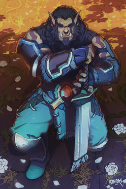 5_fingers armor clothed clothing detailed_background fingers flower green_body green_skin hair holding_object holding_weapon kneeling male melee_weapon piercing plant solo sword teeth weapon hitmore blizzard_entertainment warcraft humanoid orc digital_media_(artwork) hi_res