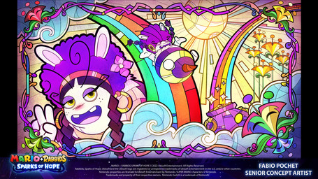 4_fingers afro ambiguous_gender antennae_(anatomy) anthro blue_hair braided_pigtails cauldron cloud coin copyright_symbol curled_antennae ear_piercing ear_ring eyelashes featureless_legs female female_anthro fingers flower freckled_face freckles fur gesture gold_(metal) gold_coin green_flower group hair half-closed_eyes hand_gesture hoop_ear_ring insect_wings long_ears long_eyelashes long_hair looking_at_viewer mitten_hands multicolored_body multicolored_fur narrowed_eyes noseless open_mouth open_smile outside overweight overweight_anthro overweight_female piercing pink_inner_ear pink_tongue plant purple_eyelids purple_stripes rainbow raised_arms red_flower ring_piercing sky sliding smile smiling_at_viewer solo_focus stained_glass stinger striped_body striped_fur stripes sun symbol teapot text title tongue v_sign vines white_body white_fur wig wings year yellow_body yellow_flower yellow_fur yellow_hair_tie yellow_sky fabio_pochet mario_bros mario_plus_rabbids_sparks_of_hope nintendo raving_rabbids rayman_(series) ubisoft bea_(mario_plus_rabbids) arthropod bee bee-rabbid elemental_creature flora_fauna flower_creature hybrid hymenopteran insect lagomorph mammal rabbid 16:9 2022 4k absurd_res artist_name colored crossover digital_drawing_(artwork) digital_media_(artwork) english_description english_text hi_res multiple_images official_art widescreen