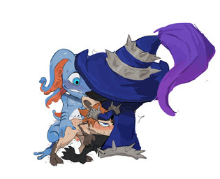 anthro anthro_on_anthro anthro_penetrated anthro_penetrating anthro_penetrating_anthro bite biting_lip biting_own_lip blue_eyes blush brown_hair clothed clothing feet fellatio group group_sex hair hat head_tentacle headgear headwear humping male male/male male_anthro male_penetrated male_penetrating male_penetrating_male nude oral partially_clothed penetration penile pseudo_hair self_bite sex short short_anthro short_male simple_background spitroast threesome trio white_background ggs_ovo league_of_legends riot_games tencent fizz_(lol) kennen_(lol) veigar aquatic yordle digital_media_(artwork) hi_res