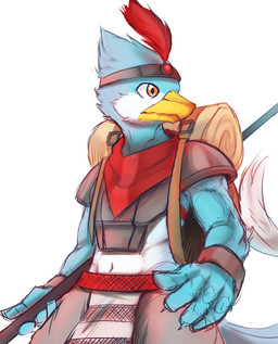anthro armor backpack beak blue_body clothed clothing glistening glistening_eyes kerchief male mouth_closed navel neckerchief neckwear orange_eyes red_kerchief red_neckerchief simple_background solo white_background white_body yellow_beak kuttoyaki chucklefish starbound avian avian_(starbound) absurd_res hi_res