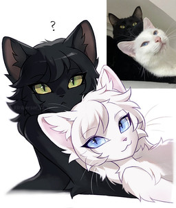 anthro bangs black_body black_fur black_hair black_nose blue_eyes cheek_tuft chest_tuft duo eyelashes facial_tuft female fur green_eyes hair inner_ear_fluff looking_at_viewer medium_hair nude pink_nose pupils question_mark simple_background slit_pupils smile tuft whiskers white_background white_body white_fur white_hair 3rdperson_iz domestic_cat felid feline felis mammal colored digital_drawing_(artwork) digital_media_(artwork) reference_image shaded