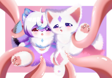 anthro blush bodily_fluids claws cum cum_inside duo ejaculation female female/female front_view fur genital_fluids genitals horn intersex intersex/female intersex/intersex multicolored_body multicolored_fur open_mouth penetration pink_body pink_fur purple_body purple_eyes purple_fur raised_tail sex_toy solo spread_legs spreading tail vaginal vaginal_penetration vulva white_body white_fur young shiningcanc canid canine domestic_cat felid feline felis fox mammal hi_res