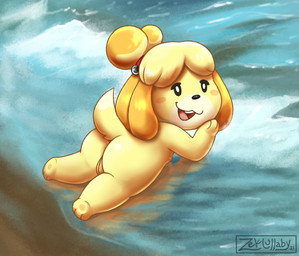 3_toes anthro beach blush breasts butt chibi feet female fur genitals hair hindpaw looking_at_viewer looking_back nipples nude open_mouth pawpads paws presenting presenting_hindquarters seaside skinny_dipping small_breasts smile soles solo toes tongue vulva water yellow_body yellow_fur zeklullaby animal_crossing nintendo isabelle_(animal_crossing) canid canine canis domestic_dog mammal shih_tzu toy_dog digital_media_(artwork) hi_res