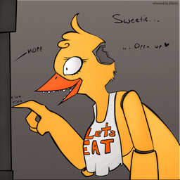anthro apron beak bib big_breasts breasts clothed clothing creepy dark female grey_background heart_symbol machine nightmare_fuel non-mammal_breasts side_boob simple_background solo soul_devouring_eyes teeth text toothed_beak j5furry five_nights_at_freddy's scottgames chica_(fnaf) classic_chica_(fnaf) animatronic avian bird chicken galliform phasianid robot 1:1 english_text