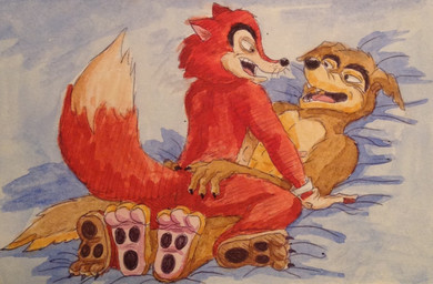 3_toes 4_fingers anthro anthro_on_anthro black_finger_claws black_toe_claws brown_body brown_fur claws clothing countershading dipstick_tail duo eye_contact feet finger_claws fingers fur gloves gloves_only hand_on_butt handwear handwear_only looking_at_another lying male male/male markings mostly_nude mostly_nude_male nude_anthro nude_male obscured_penetration on_back open_mouth raised_tail sitting sitting_on_another tail tail_markings tan_body tan_countershading tan_tail_tip teeth toe_claws toes puku83 disney disney's_pinocchio talespin "honest"_john_foulfellow don_karnage canid canine canis fox mammal red_fox true_fox wolf 2016 crossover english_description graphite_(artwork) painting_(artwork) traditional_media_(artwork) watercolor_(artwork)