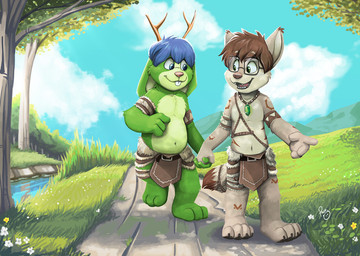 anthro antlers belly big_belly blue_eyes blue_hair blue_sky brown_body brown_fur brown_hair closed_smile clothed clothing cloud duo eyewear floppy_ears flower front_view fur glasses grass green_body green_fur hair hand_holding happy horn jewelry male mouth_closed necklace open_mouth open_smile outside overweight overweight_anthro overweight_male plant rectangular_glasses short_hair sky smile topless tree white_body white_fur young young_anthro young_male pandapaco canid canine jackalope lagomorph mammal hi_res