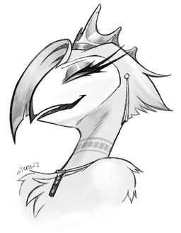 anthro beak crown ear_piercing eyelashes feathers female grin hair half-closed_eyes headgear jewelry narrowed_eyes necklace piercing short_hair smile smug smug_face solo white_body white_feathers white_hair mitery22 hellaverse the_lesser_key_of_solomon vilhelmina avian bird demon owl owl_demon hi_res monochrome portrait