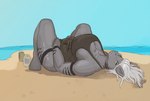 anthro beach beverage_can big_breasts breasts clothing gynomorph hair intersex looking_at_viewer lying on_back seaside solo swimwear white_hair keeltheequine nefertari_(sylux1234) mammal rhinoceros