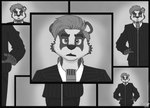 2019 5_fingers anthro badger black_body black_clothing black_eyebrows black_fur black_nose cheek_tuft clothing countershade_face countershading electronics eyebrows facial_markings facial_tuft fingers fur grey_eyes grey_hair greyscale hair half-closed_eyes head_markings looking_at_viewer male mammal markings microphone monochrome multiple_positions mustelid musteline narrowed_eyes pinstripes sammfeatblueheart scatman_john scatmans_world_(song) signature solo suit tuft white_body white_clothing white_fur