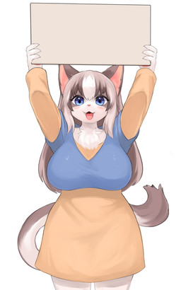 4_fingers anthro big_breasts blue_eyes blush breasts chest_tuft claws clothed clothing cute_fangs fangs female female_anthro finger_claws fingers fur grey_body grey_fur grey_hair hair holding_object holding_sign kemono long_hair multicolored_tail open_mouth pawpads pink_nose sign simple_background solo tail teeth tongue tuft white_background white_body white_fur white_hair inake domestic_cat felid feline felis mammal 2021 5:8 absurd_res character_request digital_media_(artwork) hi_res portrait three-quarter_portrait