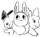 ambiguous_gender anterior_nasal_aperture black_nose cat_smile cheek_spots claws closed_smile feral finger_claws fur group horn mouth_closed neck_tuft pupils simple_background smile teeth trio tuft white_background flavia-elric nintendo pokemon lux_(yapc) neil_(yapc) rayne_(yapc) eevee generation_1_pokemon generation_2_pokemon nidoran nidoran♀ pichu pokemon_(species) 2020 black_and_white digital_drawing_(artwork) digital_media_(artwork) line_art monochrome sketch