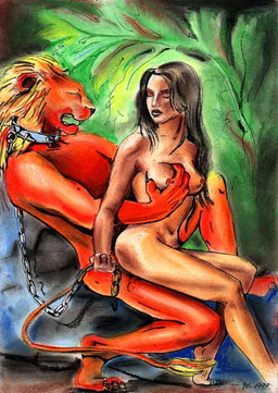anthro barefoot bdsm bondage bound breasts chain chained collar cuff_(restraint) dominant dominant_female dominant_male duo feet female female_on_anthro human_on_anthro interspecies male male/female male_on_human nude plantigrade restrained restraints science_fiction sex shackles sitting slave submissive submissive_male tail tail_tuft tuft unknown_artist felid human lion mammal pantherine 1999
