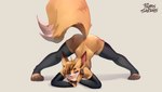 anthro ass_up bent_over black_clothing black_legwear blue_eyes butt butt_from_the_front clothing fur jack-o'_pose legwear looking_at_viewer male orange_body orange_fur pose simple_background sleeves solo stockings tail polarissketches canid canine fennec_fox fox mammal true_fox 16:9 hi_res widescreen