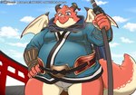 anthro asian_clothing belly clothed clothing east_asian_clothing fundoshi horn japanese_clothing katana kimono male melee_weapon membrane_(anatomy) membranous_wings overweight overweight_male pantsless red_body scar solo sword tail underwear weapon wings reddo12340 mythology tamacolle oumi_(tamacolle) dragon mythological_creature mythological_scalie scalie absurd_res hi_res