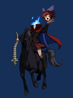 accessory ambiguous_feral ambiguous_gender black_body black_boots black_clothing black_footwear black_mane black_shirt black_tail black_topwear blue_bow boots bottomwear bow_ribbon cape clothed clothed_female clothed_humanoid clothing detachable detachable_head duo fangs female female_humanoid feral fire_instead_head flaming_neck footwear glowing glowing_eyes hair hair_accessory hair_bow hair_ribbon looking_at_viewer mane open_mouth quadruped red_bottomwear red_cape red_clothing red_eyes red_hair red_skirt ribbons riding shirt shoes simple_background skirt spine tail teeth topwear transparent_background white_background giantcavemushroom european_mythology irish_mythology mythology touhou sekibanki dullahan equid equine horse humanoid mammal 2024 absurd_res alpha_channel hi_res