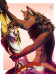 abs anthro brown_body brown_fur duo ear_piercing eye_contact fur looking_at_another male male/male nude open_mouth piercing purple_eyes smile zanles_(artist) felix_(jusko) canid canine felid feline mammal hi_res signature source_request