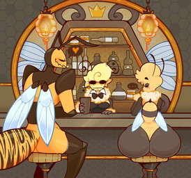 5_fingers ambiguous_gender antennae_(anatomy) anthro anthrofied arm_tuft armor arthropod_abdomen bar bar_stool big_butt big_penis black_body black_bow_tie black_clothing black_eyes black_sclera black_topwear blonde_hair blue_wings blush bodily_fluids bottle bow_tie breastplate breasts butt candle candlelight clothing container cup curvy_figure duo ellipsis erection exoskeleton female fingers fire fur furniture genitals glistening glistening_body glistening_butt glistening_hair glistening_skin glistening_wings group hair half-closed_eyes hand_on_penis head_tuft heart_symbol hexagon huge_butt humanoid_hands iconography insect_wings light looking_at_another male male/male markings narrowed_eyes neck_tuft nude open_mouth orange_body pear-shaped_figure penis pink_background requesting sex_request simple_background sitting smile smirk smug speech_bubble standing stinger stool striped_body striped_markings stripes sweat sweatdrop sweaty_face tan_body tan_fur teapot_(body_type) text thick_thighs tongue topwear trio tuft white_eyes wide_eyed wide_hips wings worried wrist_tuft yellow_body dozighost arthropod bee honey_bee hymenopteran insect wasp 2024 artist_name colored digital_drawing_(artwork) digital_media_(artwork) hi_res shaded signature watermark