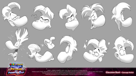 4_fingers angry big_nose bite biting_lip biting_own_lip black_eyebrows closed_frown closed_smile confusion copyright_symbol dazed eyebrows eyes_closed fingers floating_hands frown furrowed_brow furrowed_eyebrows grey_background hair happy looking_at_viewer male messy_hair mouth_closed narrowed_eyes open_mouth open_smile scared self_bite short_hair side_view simple_background slicked_back_hair smile solo sparkles squint star_(shape) symbol teeth text title tongue tongue_out toothy_smile white_hair white_tongue worried_look year giacomo_boni mario_plus_rabbids_sparks_of_hope nintendo rayman_(series) ubisoft rayman raypeople_(rayman) 16:9 2023 4k absurd_res adobe_photoshop_(artwork) artist_name digital_drawing_(artwork) digital_media_(artwork) english_description english_text expression_sheet hi_res official_art procreate_(artwork) shaded widescreen