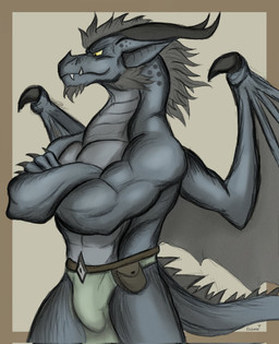 2_horns abs anthro biped bottomwear bulge claws clothed clothing crossed_arms detailed_bulge facial_hair genital_outline goatee grey_body grey_hair hair horn loincloth long_horn male male_anthro membrane_(anatomy) membranous_wings muscular muscular_anthro muscular_arms muscular_male pecs penis_outline serious solo tail teeth_showing topless topless_anthro topless_male wing_claws wings elhaz mythology dragon_gatekeeper_(elhaz) dragon mythological_creature mythological_scalie scalie hi_res portrait signature three-quarter_portrait traditional_media_(artwork)