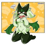 anthro black_text blush breasts featureless_breasts female front_view fur green_body green_fur kneeling looking_aside medium_breasts meow navel open_mouth open_smile smile solo speech_bubble text thick_thighs wide_hips lnb nintendo pokemon generation_9_pokemon meowscarada pokemon_(species) 2025 digital_drawing_(artwork) digital_media_(artwork) full-length_portrait portrait