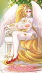 anthro big_breasts blonde_hair blush breasts clothed clothing crossed_legs cutie_mark dress exposed_breasts female footwear hair high_heels jewelry long_dress nipples shoes sitting solo veil wings rajas_ledies hasbro my_little_pony mythology fan_character storm_shield_(oc) equid equine horse mammal mythological_creature mythological_equine pegasus pony hi_res watermark