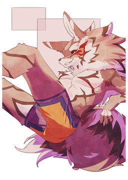 anthro black_sclera blush bottomwear brown_body brown_fur clothed clothing fur green_eyes looking_at_viewer male shorts smile smiling_at_viewer solo striped_body striped_fur stripes tail topless topless_anthro topless_male white_body ka_ramono lifewonders tokyo_afterschool_summoners seth_(tas) canid canine canis jackal mammal 2026 absurd_res hi_res