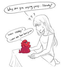 ambiguous_gender blush blush_lines bodily_fluids clothed clothed_human clothing confusion dialogue duo female female_human feral fur furniture hair happy long_hair monotone_body monotone_fur neonate red_body red_eyes red_fur side_view sitting sweat table tail tail_motion tailwag text young young_ambiguous young_feral yellowcottoncandy030 fluffy_pony fluffy_pony_(species) human mammal 1:1 2025 digital_media_(artwork) english_text hi_res partially_colored