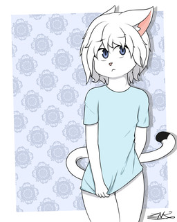 anthro blouse blue_clothing blue_eyes clothing crossed_legs ears_down female fur hair looking_at_viewer pivoted_ears short_hair simple_background sky_blue_background slim small_clothing solo stretched_clothing tail thick_thighs thin_arms thin_tail topwear white_body white_fur white_hair wrinkles young young_female zankandreas care_(zankandreas) domestic_cat felid feline felis mammal hi_res