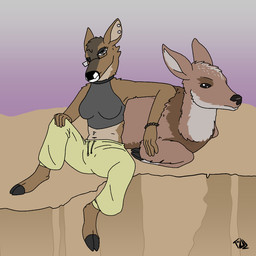 anthro bottomwear bracelet brown_body choker clothed clothing crop_top digitigrade duo eyewear female feral front_view fur glasses grey_eyes hooves jewelry looking_at_viewer multicolored_body multicolored_fur necklace on_ground pants piercing relaxing shirt simple_background sitting topwear two_tone_body two_tone_fur thedeerzone cervine deer mammal sika_deer 1:1 flat_colors