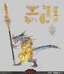 ambiguous_gender anthro armor aztec bone claws clothing gloves handwear melee_weapon open_mouth polearm simple_background skull solo spear text tongue weapon rich_carey total_war:_warhammer warhammer_(franchise) warhammer_fantasy kroq_gar lizard lizardman lizardman_(warhammer) reptile saurus scalie 2017 english_text hi_res model_sheet official_art