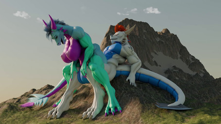 3_toes anthro anthro_on_anthro balls big_breasts blue_body breasts claws duo fade_out feet female genitals hair hands_on_knees hands_on_legs horn love macro male male/female moan mountain nude orange_hair outside scales sex toes white_body white_scales kehveli mythology ace_(whitedragon1204) fristy_(whitedragon1204) dragon mythological_creature mythological_scalie scalie 16:9 2025 3d_(artwork) 3d_animation animated digital_media_(artwork) hi_res short_playtime sound widescreen