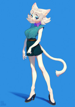 anthro belt blue_background blue_eyes blue_makeup bottomwear clothing collared_shirt dress_shirt female fur hair pumps_(shoes) shirt shorts simple_background solo topwear white_body white_fur white_hair aruurara anna_(aruurara) domestic_cat felid feline felis mammal hi_res