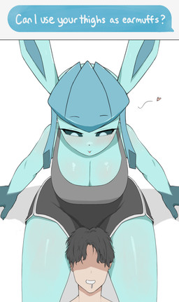 anthro big_breasts biped blue_body blush bottomwear breasts clothed clothing duo female human_on_anthro interspecies male male/female pokephilia topwear kaiske2 nintendo pokemon eeveelution generation_4_pokemon glaceon human mammal pokemon_(species) 2026 absurd_res hi_res