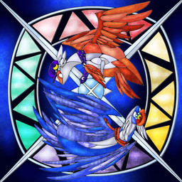 blue_tail blue_wings claws clothing duo feathered_wings feathers feral hat headgear headwear purple_clothing red_clothing red_tail red_wings scarf stained_glass tail white_claws white_ears wings yellow_clothing motherlatias nintendo pokemon generation_3_pokemon latias latios legendary_pokemon pokemon_(species) 1:1 2025 hi_res