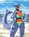 anthro anthrofied bald beach big_breasts bikini biped black_body black_skin blue_body blue_skin bra breasts claws clothed clothing cloud detailed_background eyelashes female glistening happy nipple_outline non-mammal_breasts open_mouth outside pokemorph raised_arm red_body red_skin sand sea seaside shadow sharp_teeth skimpy sky smile solo spikes standing swimwear tail teeth thick_thighs tongue two-piece_swimsuit underwear water yellow_body yellow_eyes yellow_skin drxsmokey mythology nintendo pokemon dragon garchomp generation_4_pokemon lizard mythological_creature mythological_scalie pokemon_(species) reptile scalie 4:5 hi_res