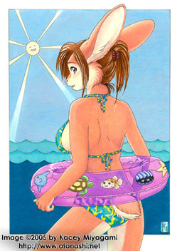 ^_^ anthro bikini brown_hair clothed clothing eyes_closed female hair looking_back purple_eyes skimpy smile solo sun swimwear two-piece_swimsuit water kacey lagomorph leporid mammal rabbit 2005 low_res