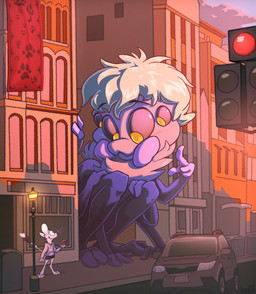2_toes 3_fingers 4_eyes 4_toes barefoot blue_body blue_fur bottomwear building car city clothed clothing crouching detailed_background duo electronics eye_contact feet female fingers fur green_eyes holding_object holding_phone hoodie looking_at_another macro male multi_arm multi_eye multi_limb neck_tuft nude outside phone shocked shorts size_difference standing street_lamp sunset toes topwear tuft vehicle wave white_body white_fur yellow_eyes animancer aevs luck_(animancer) arachnid arthropod dipodid jerboa mammal rodent spider 2023 hi_res signature