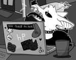 alternative_fashion anthro coffee_mug collar computer ear_piercing ear_ring electronics fangs laptop long_sleeve_shirt male open_mouth piercing punk ring_piercing sharp_teeth solo spiked_collar spikes teeth text three_arrows_(symbol) tongue tongue_out sinsquest hp sins_(sinsquest) bat mammal english_text greyscale monochrome trans_(lore) trans_man_(lore)