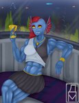 anthro blue_body breasts clothing female hair muscular muscular_female red_eyes red_hair smile solo teeth text yellow_sclera daxm deltarune european_mythology greek_mythology mythology undertale undertale_(series) undyne animal_humanoid fish fish_humanoid humanoid marine marine_humanoid absurd_res hi_res signature