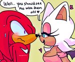 6:5 anthro bat big_breasts blush bodily_fluids breasts cleavage clothed clothing dialogue duo echidna english_text eyelashes female heart_symbol knuckles_the_echidna male mammal monotreme rouge_the_bat sega simple_background sonic_the_hedgehog_(series) sweat text thechaosspirit