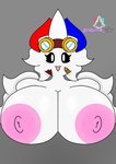 anthro areola bandage big_breasts black_eyes breasts eyewear female goggles grey_background huge_breasts nipples pink_areola pink_nipples pupils simple_background solo white_body white_pupils wings novice_sfw nintendo pokemon elizabeth_(novice_sfw) generation_4_pokemon pokemon_(species) togekiss hi_res