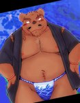 anthro asian_clothing blush brown_body clothing east_asian_clothing facial_hair fundoshi japanese_clothing jinbei_(clothing) kemono male moobs mustache nipples overweight overweight_male solo underwear snow_utamaru bear mammal 2023 hi_res