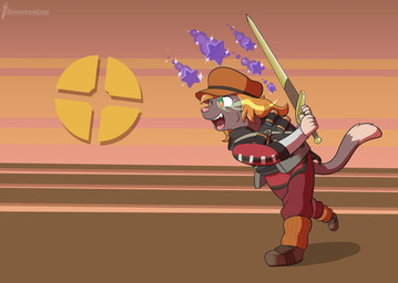 anthro clothing explosives glowing glowing_eyes grenade hair hat headgear headwear male melee_weapon open_mouth orange_hair particles red_eyes solo star sword weapon silvrsterlng team_fortress_2 valve valve_corporation demoman_(team_fortress_2) roy_makoto_(silvrsterlng) domestic_cat felid feline felis mammal hi_res