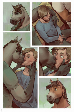 anthro barbell_piercing circular_barbell_piercing comic_panel ear_piercing facial_piercing group kissing male male/male nose_piercing piercing septum_circular_barbell septum_piercing transformation trio selezneva equid equine horse human mammal 2:3 comic hi_res