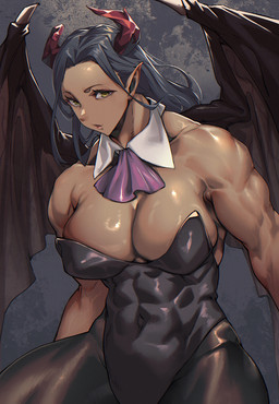 accessory biceps big_breasts black_hair breasts clothing deltoids eyebrows eyelashes female hair horn humanoid_pointy_ears legwear leotard long_hair membrane_(anatomy) membranous_wings muscular muscular_female necktie not_furry pantyhose pointy_ears shirt_collar solo tan_body tan_skin wings yellow_eyes mikel_(4hands) demon humanoid 2024 hi_res
