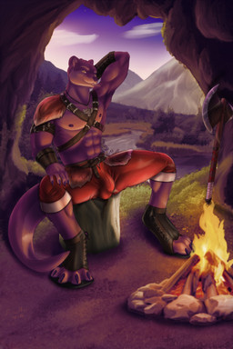 abs anthro armband armor axe barbarian biceps boots bottomwear brown_body brown_fur bulge campfire cave claws clothed clothing cloud detailed_background fire footwear forest fur fur_clothing gauntlets gloves hand_behind_head handwear harness jewelry log looking_at_viewer male melee_weapon mountain muscular muscular_anthro muscular_male necklace nipples outside pants paws pecs pendant plant river shoes sitting sky smile smirk solo tail teeth tree valley water weapon wood yellow_eyes howlfeiwolf mammal mustelid otter river_otter 2:3 absurd_res detailed digital_media_(artwork) digital_painting_(artwork) hi_res painting_(artwork) watermark