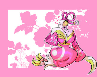 abstract_background asian_clothing clothed clothing east_asian_clothing embarrassed female flower green_eyes japanese_clothing kimono pink_bow plant solo yanisp5 deltarune undertale_(series) mantis_(deltarune) arthropod insect mantis absurd_res hi_res