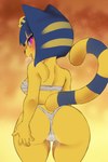 anthro blue_hair blush breasts breath butt chest_wraps clothed clothing female fur hair looking_at_viewer looking_back medium_breasts open_mouth panties panting purple_eyes rear_view skimpy solo standing underwear uraeus wraps yellow_body yellow_fur rin_tyan animal_crossing nintendo ankha_(animal_crossing) domestic_cat felid feline felis mammal 2:3 digital_media_(artwork) hi_res shaded